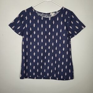J.Crew Women's Linen Short Sleeved Top Size XS Navy Blue & White Geometric Print
